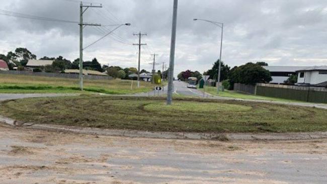 Hoons ripped up a roundabout at Pearcedale Rd &amp; Baxter Tooradin Rd in April. Picture: Supplied