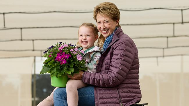 Susan Prettejohn with her granddaughter, Clara Burns, 4, at the Living Colour Nursery in Penfield, ahead of the flower display at the Royal Adelaide Show. Picture: Matt Loxton