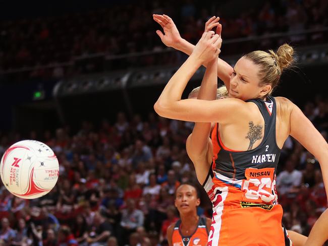 Jo Harten of the Giants during the Super Netball match between the Giants and the Magpies at Qudos Banks Arena, Homebush. Picture: Brett Costello