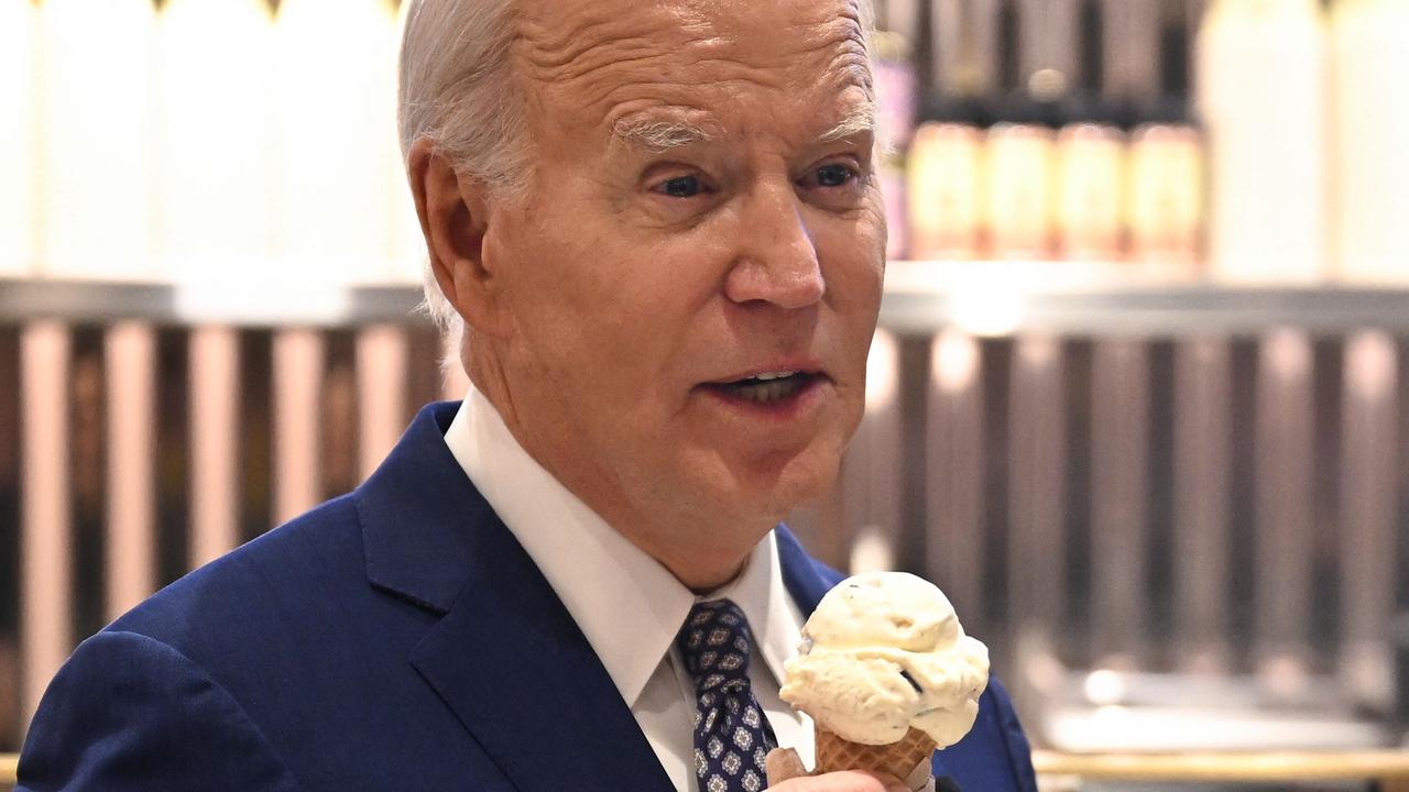 US President Joe Biden speaks with host Seth Meyers (off frame) as they enjoy an ice cream in New York City. Picture: Jim Watson/AFP