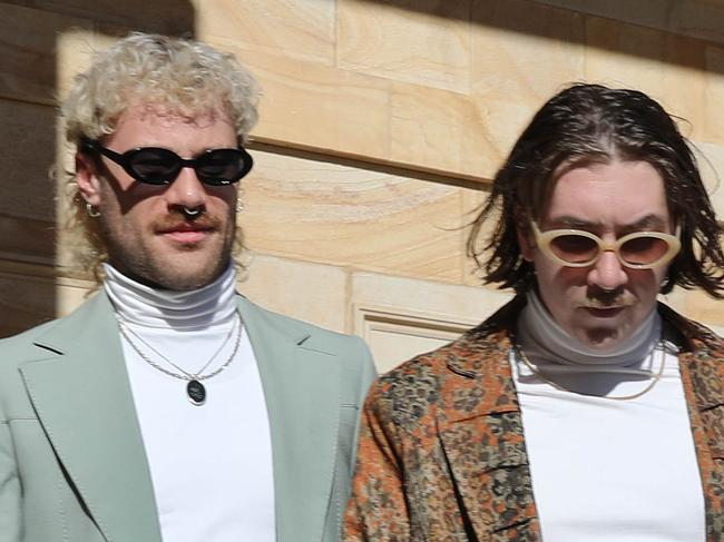 ADELAIDE, AUSTRALIA - NewsWire Photos June 30, 2021: The notorious Big Bird Bandits, Tasman Binder (R), and Cody Alain Milne,(L), leaving Adelaide Magistrates Court. The two were arrested and charged with Aggravated Dishonestly Take Property Without Consent after they stole the $160,000 Big Bird costume from the Sesame Street Circus in Adelaide in April this year. Picture: NCA NewsWire / Dean Martin