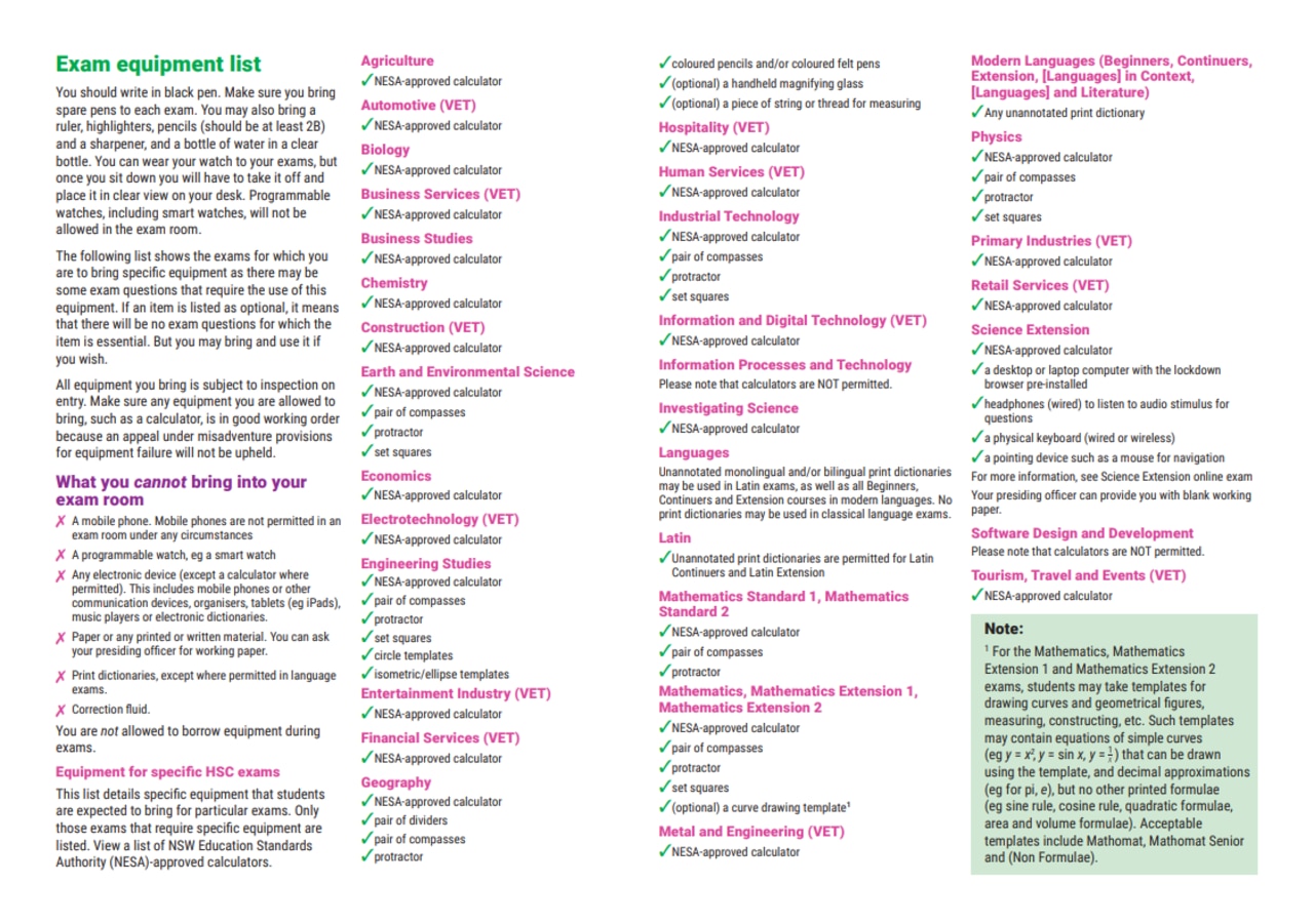 The list of equipment allowed in this year's HSC exams.