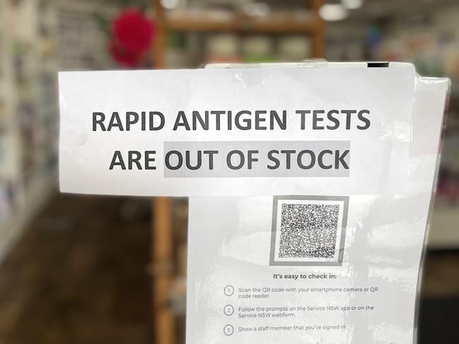 DAILY TELEGRAPH 4TH JANUARY 2022Pictured is a sign at Annandale Pharmacy in Annandale in Sydneys inner west where RAT's sell for $19.95 for 1 test of $89 dollars for 5. They currently have no stock though and can't  say when more will arrive.Rapid Antigen Tests are have become hard to find and there has been evidence of price gouging due to the scarcity.Picture: Richard Dobson