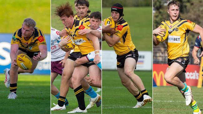 Sunshine Coast Falcons Hastings Deering Colts players Blake Ginman, Blake Woodford, Mason Peut and Jett Thorpe-Elich in action. Pictures: Nicola Anne Photography and Phil Bradeley Sports Photography.