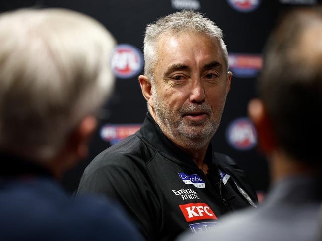 MELBOURNE, AUSTRALIA - NOVEMBER 21: Derek Hine, Recruiting Manager of the Magpies speaks with media during the 2023 AFL Draft at Marvel Stadium on November 21, 2023 in Melbourne, Australia. (Photo by Michael Willson/AFL Photos via Getty Images)