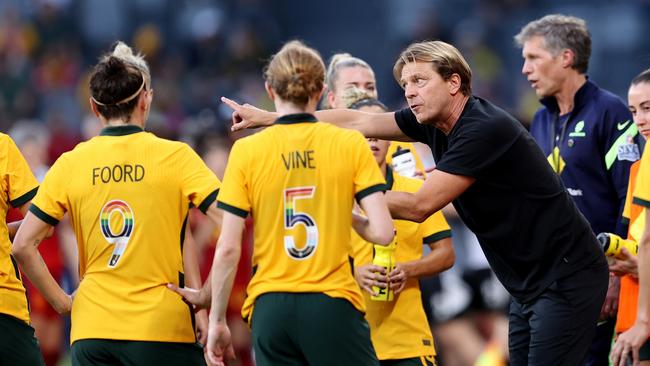 Matildas coach Tony Gustavsson (right) gives his players some instructions at CommBank Stadium. Picture: Brendon Thorne/Getty Images