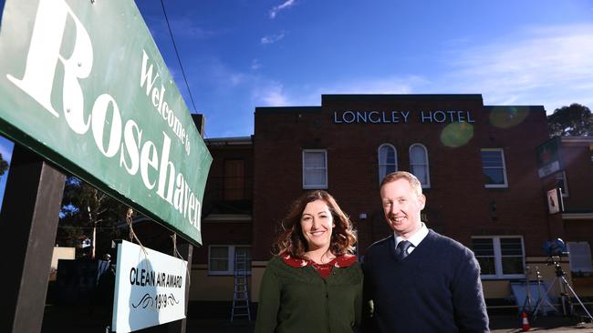 Pacquola and McGregor on set for the production of <i>Rosehaven</i> season three at the Longley International Hotel. Picture: LUKE BOWDEN