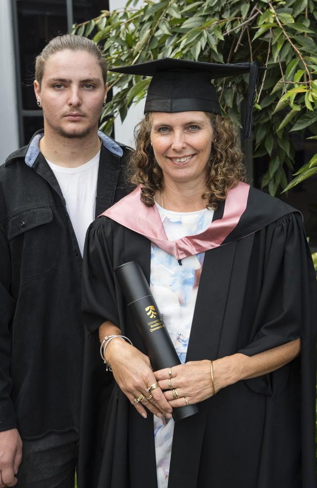 Master of Education graduate Denise Stapleford with son Timothy Stapleford at a UniSQ graduation ceremony at Empire Theatres, Wednesday, February 14, 2024. Picture: Kevin Farmer