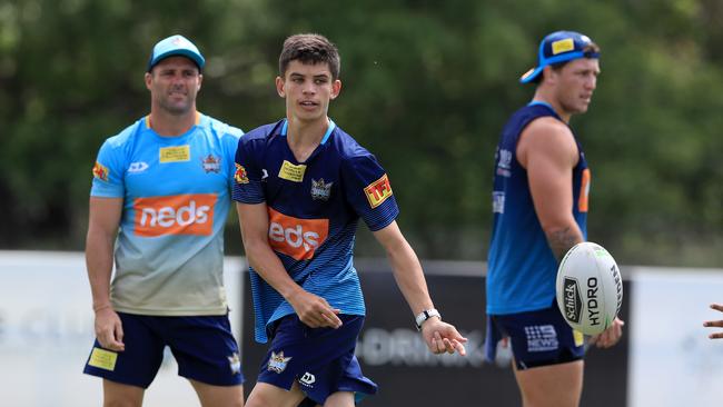 Titans legend Preston Campbell's son Jayden at training ahead of a trial game on the weekend. Pics Adam Head