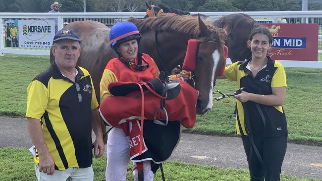 Winner of Race 5 at Cairns Jockey Club's Tradies &amp; Ladies Race Day Helmaz with (L-R) trainer Rodney Miller, jockey Bonnie Thomson and strapper Tiana Bruni.