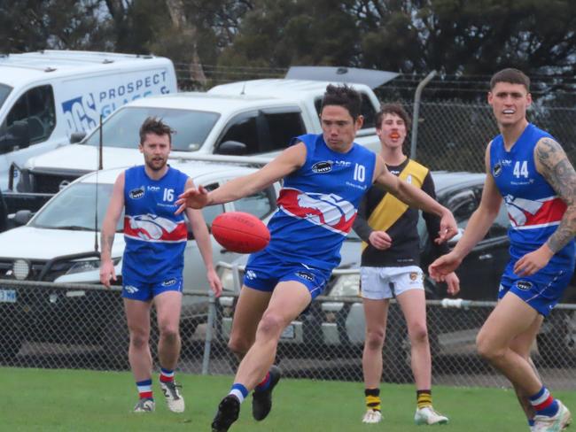 South Launceston's Leigh Harding boots one of his three goals in their qualifying final win over Longford. Picture: Jon Tuxworth