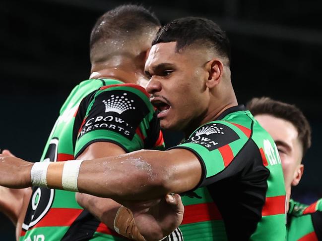 SYDNEY, AUSTRALIA - JULY 08:  Tyrone Munro of the Rabbitohs celebrates scoring a try during the round 19 NRL match between South Sydney Rabbitohs and Canterbury Bulldogs at Accor Stadium on July 08, 2023 in Sydney, Australia. (Photo by Cameron Spencer/Getty Images)