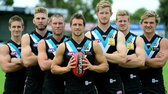 Port Adelaide Power new leadership group. L-R Hamish Hartlett, Jackson Trengove, Brad Ebert, Travis Boak, Matthew Lobbe, Tom Jonas and Ollie Wines. Picture: Mark Brake