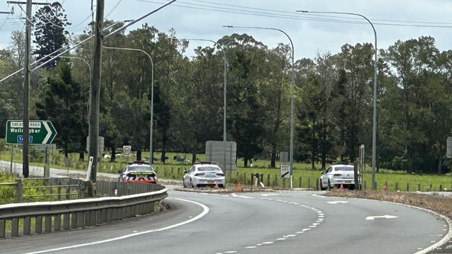 A barricade on the Bruxner Highway intersection with Sneaths Rd at Wollongbar in northern NSW on Thursday. Picture: Cath Piltz