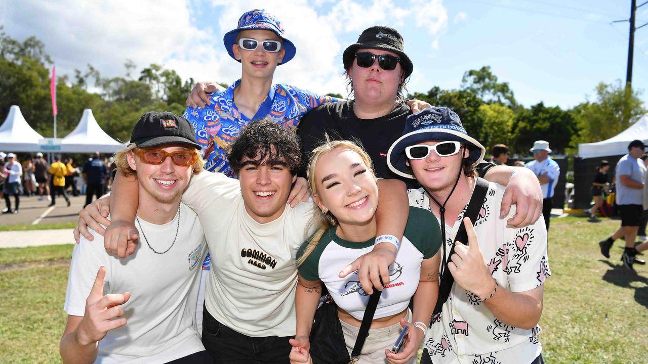 Finn Keanns. Hayden Vignale, Kayleigh Neilson, Liam Pepyat, (Back) Flynn Mintern and Dylan Winto, at Groovin the Moo, Sunshine Coast 2023. Picture: Patrick Woods.