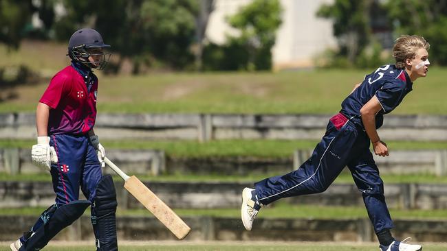 TSS quick, Ellis McCarthy and BSHS’s Calem McCathie as the Southport School v Brisbane State High School at The Southport School/Village Green. Picture: Glenn Campbell