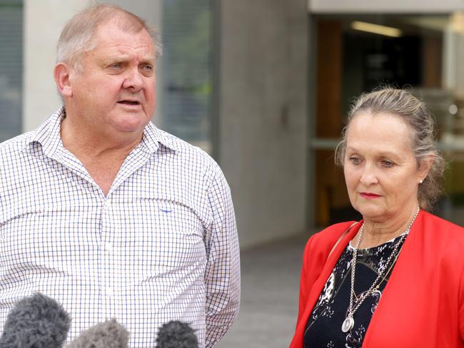 Russell and Ann Field speak outside the Supreme Court in Brisbane following the decision. Picture: Steve Pohlner