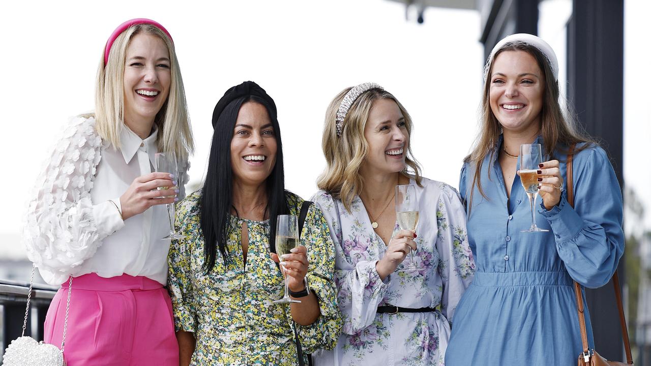 Kristina Ayton (l to r), Stacy Fraider, Jackie Marchant and Kim Daly toast the world's richest race on turf. Picture: Sam Ruttyn