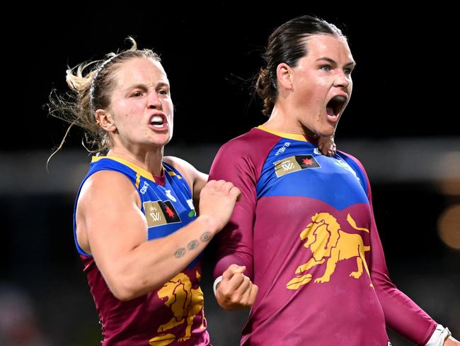 IPSWICH, AUSTRALIA - SEPTEMBER 18: Sophie Conway of the Lions celebrates after kicking a goal during the round four AFLW match between Brisbane Lions and Western Bulldogs at Brighton Homes Arena, on September 18, 2024, in Ipswich, Australia. (Photo by Bradley Kanaris/Getty Images)