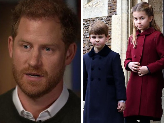 Harry 'worries' Charlotte and Louis will end up George's 'spare'. Picture: CBS; Stephen Pond/Getty Images