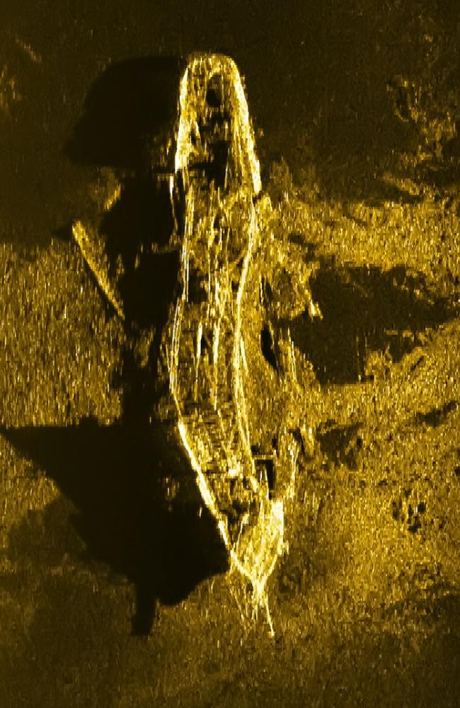 A sonar image of the shipwreck believed to be the S.V Inca, taken by MH370 search vessel Havila Harmony 3.7km deep in the southern Indian Ocean in 2016. Picture: ATSB.