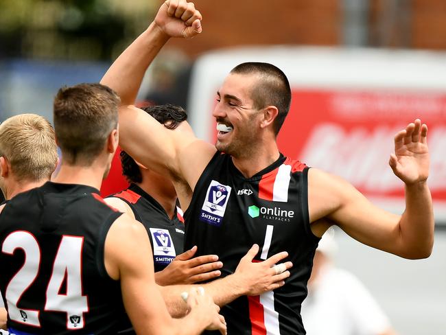 MELBOURNE, AUSTRALIA - MARCH 02: Noah Gown of Frankston celebrates kicking a goal during the VFL Practice Match Carnival match between Frankston and Northern Bullants at Kinetic Stadium on March 02, 2024 in Melbourne, Australia. (Photo by Josh Chadwick/AFL Photos/via Getty Images )