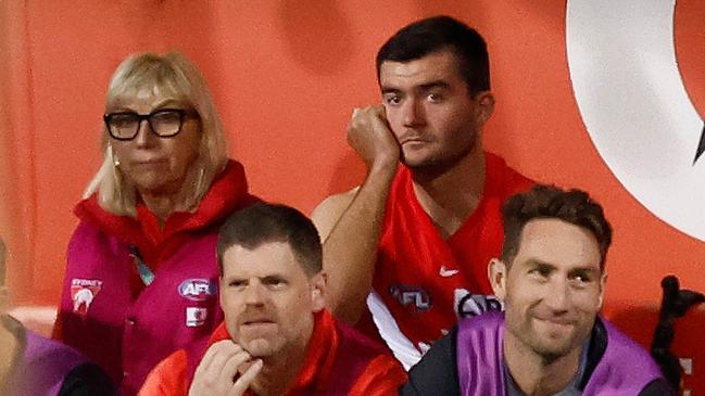 SYDNEY, AUSTRALIA - SEPTEMBER 20: Logan McDonald of the Swans looks on from the bench during the 2024 AFL First Preliminary Final match between the Sydney Swans and the Port Adelaide Power at The Sydney Cricket Ground on September 20, 2024 in Sydney, Australia. (Photo by Michael Willson/AFL Photos via Getty Images)