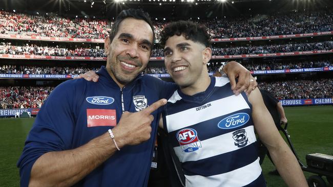 Geelong Assistant Eddie Betts and Tyson Stengle. Picture: Darrian Traynor