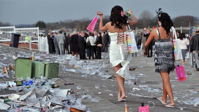 It's no Flemington: The aftermath of the Grand National at Aintree Racecourse in England. Picture: AFP