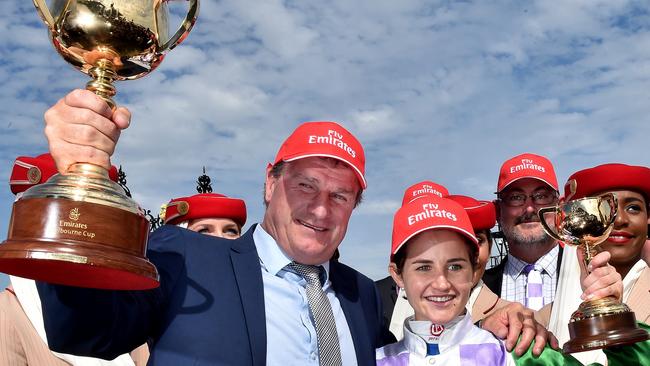 Prince Of Penzance jockey Michelle Payne and Darren Weir after winning the 2015 Melbourne Cup.