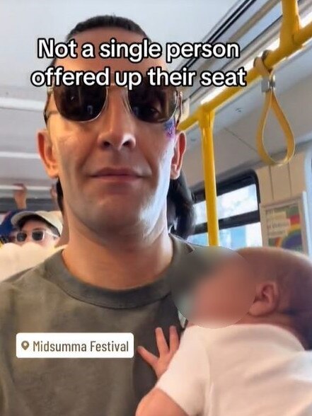 The dad said he was ‘shocked’ after no one offered up their seat. Picture: TikTok@out.and.a.pout