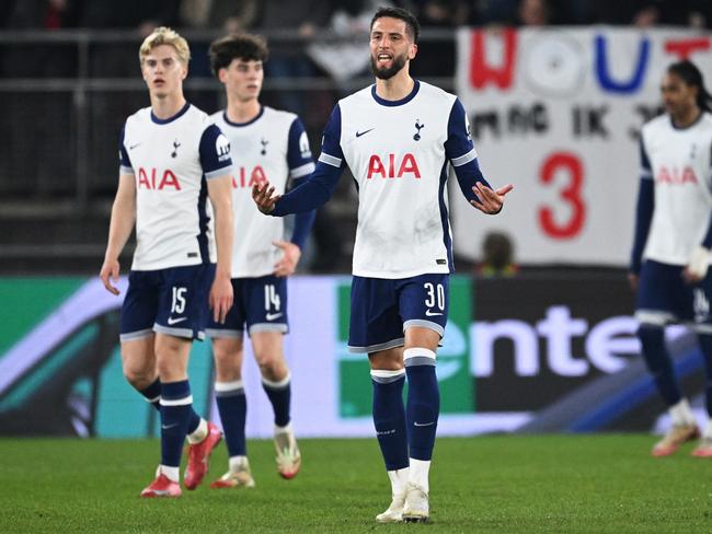 Rodrigo Bentancur reacts after Lucas Bergvall’s own goal for Tottenham. Picture: Getty Images