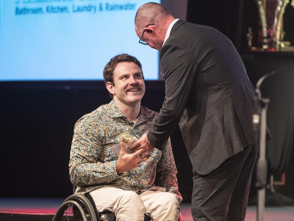 Hayden Siebuhr received the Senior Para Athlete of the Year from Paul Reedy, K &amp; R Plumbing Supplies. Sports Darling Downs Sports Stars of the Year dinner. Saturday, February 11, 2023. Picture: Nev Madsen.