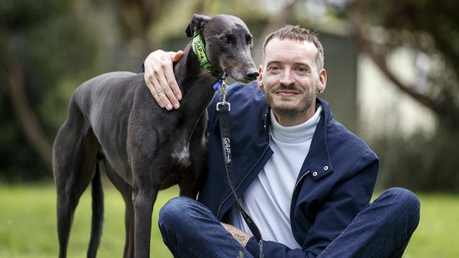 Victorian tenants like Simon Alexander, pictured with his greyhound Pendles, can no longer be unreasonably denied keeping a pet. Picture: David Geraghty