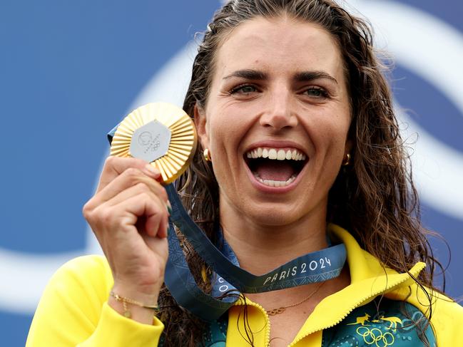 PARIS, FRANCE - JULY 31: Gold medalist Jessica Fox of Team Australia poses on the podium during the Women's Canoe Slalom Single medal ceremony after the Canoe Slalom Women's Canoe Single Final on day five of the Olympic Games Paris 2024 at Vaires-Sur-Marne Nautical Stadium on July 31, 2024 in Paris, France. (Photo by Justin Setterfield/Getty Images)