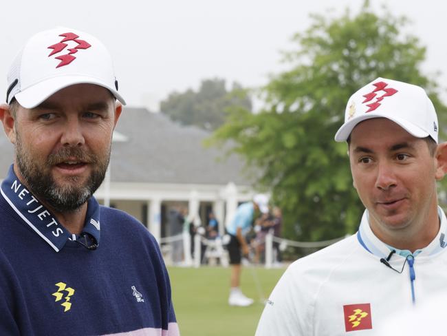 MELBOURNE, AUSTRALIA - NOVEMBER 26: Marc Leishman and Lucas Herbert speak to the media ahead of the 2024 Australian Golf Open at Kingston Heath on November 26, 2024 in Melbourne, Australia. (Photo by Darrian Traynor/Getty Images)