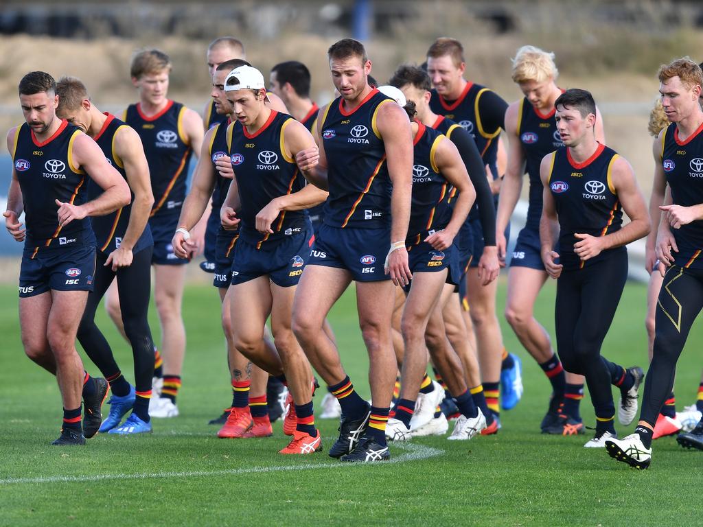 Crows players during training session in Adelaide on Tuesday.