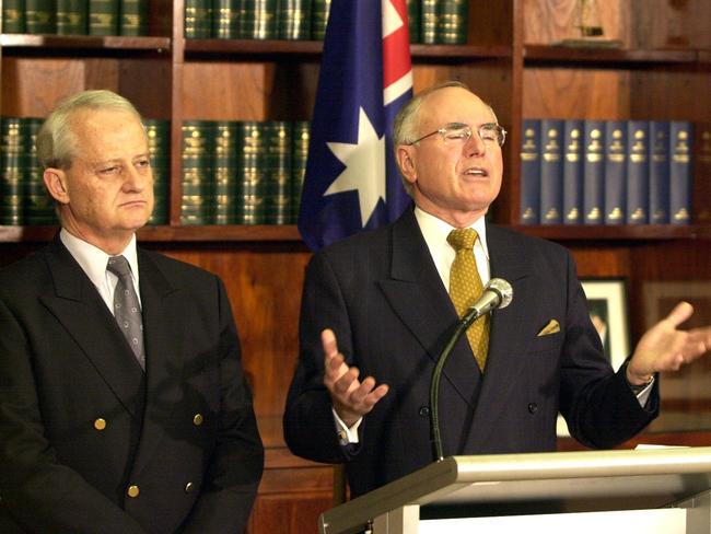 John Howard with Immigration Minister Philip Ruddock addressing the media over his refusal to allow the MV Tampa entry with asylum seekers on-board. Picture: Ross Schultz