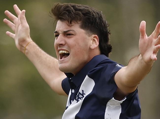 MELBOURNE, AUSTRALIA - SEPTEMBER 23: Sam Elliott of Victoria celebrates the wicket of Beau Webster of Tasmania during the ODC match between Victoria and Tasmania at CitiPower Centre, on September 23, 2024, in Melbourne, Australia. (Photo by Darrian Traynor/Getty Images)