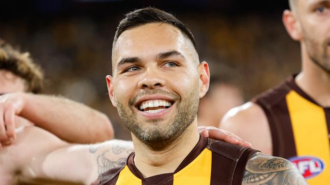 MELBOURNE, AUSTRALIA - SEPTEMBER 06: Jarman Impey of the Hawks celebrates during the 2024 AFL Second Elimination Final match between the Western Bulldogs and the Hawthorn Hawks at The Melbourne Cricket Ground on September 06, 2024 in Melbourne, Australia. (Photo by Dylan Burns/AFL Photos via Getty Images)