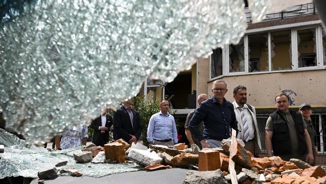 Australian Prime Minister Anthony Albanese touring damaged residential areas on the outskirts of Kyiv, Ukraine in July. Picture: AAP Image/Lukas Coch