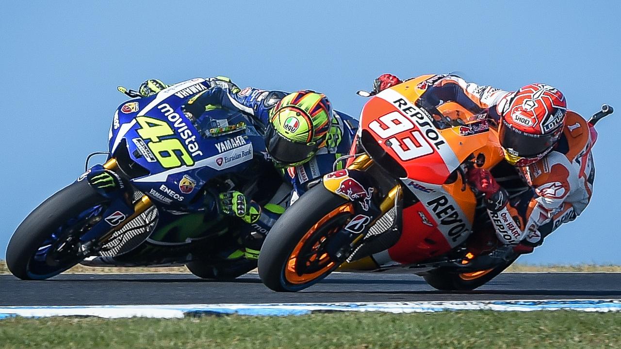 Valentino Rossi and Marc Marquez go head-to-head at the Australian GP. Picture: Jake Nowakowski