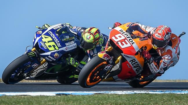 Valentino Rossi and Marc Marquez go head-to-head at the Australian GP. Picture: Jake Nowakowski