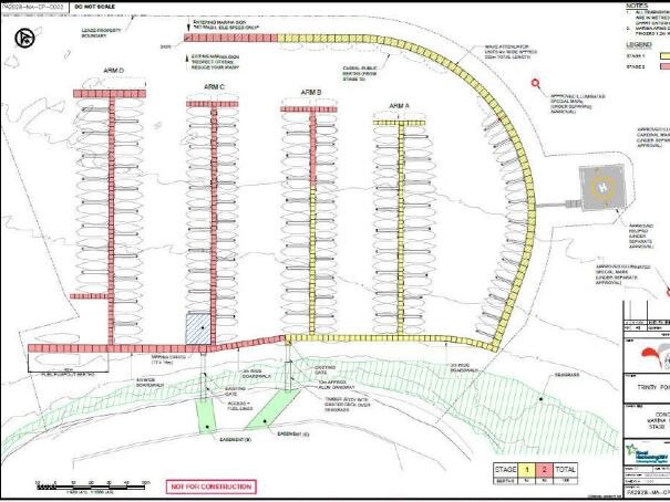 The plans for Stage 2 of Trinity Point Marina with the new parts to be built in pink with the existing marina in yellow. Picture: supplied