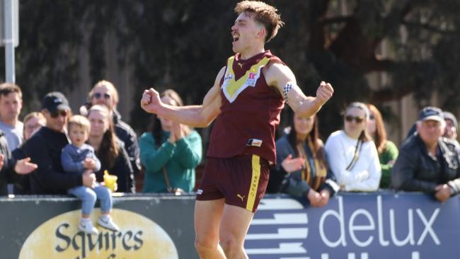 EFNL 2024: Josh Begley celebrates a goal in the Division 2 decider. Picture: Grant Bertram