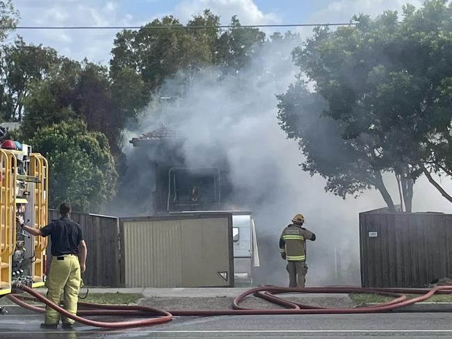 Fire engulfed a home north of Brisbane Friday afternoon after a battery explosion in the garage. Picture: Dean Halpin
