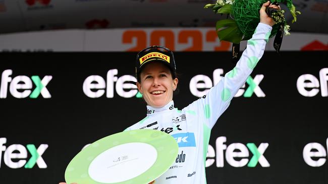 Amanda Spratt of Australia and Trek – Segafredo celebrates at podium as Queen of the Mountain Jersey during the 7th Santos Women's Tour Down Under 2023 – Stage 3. Photo by Tim de Waele/Getty Images