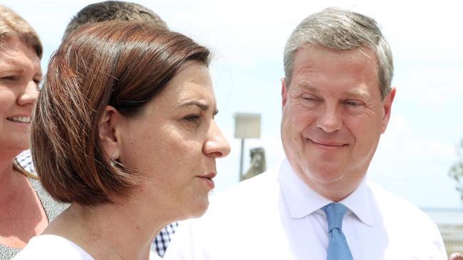 Deb Frecklington (left) and John-Paul Langbroek will face off to become the new LNP leader, replacing Tim Nicholls (right). Picture: Liam Kidston