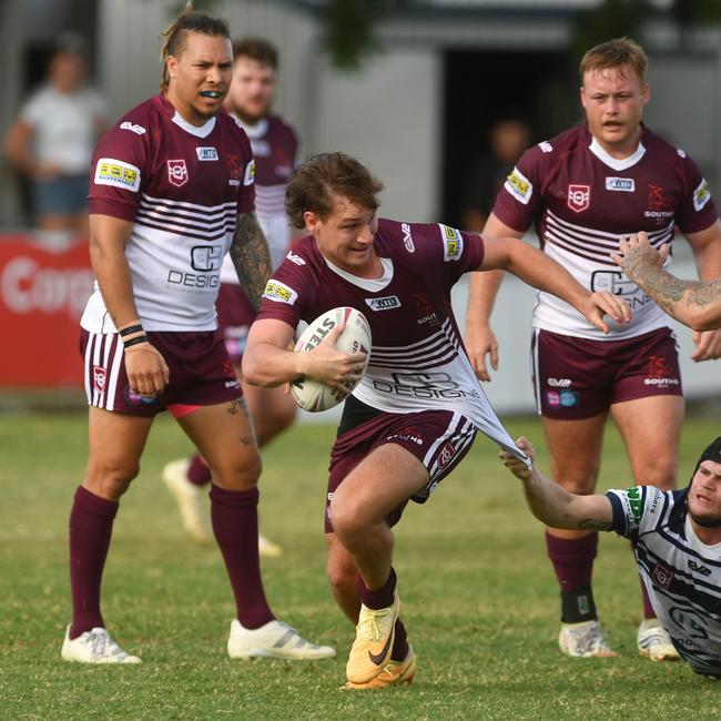 Round 1 of Rugby League Townsville and District clash between Brothers and Souths Bulls at Jack Manski Oval on April 1, 2023. Souths Declan Dowson tackled by Bradley Graham. Picture: Evan Morgan