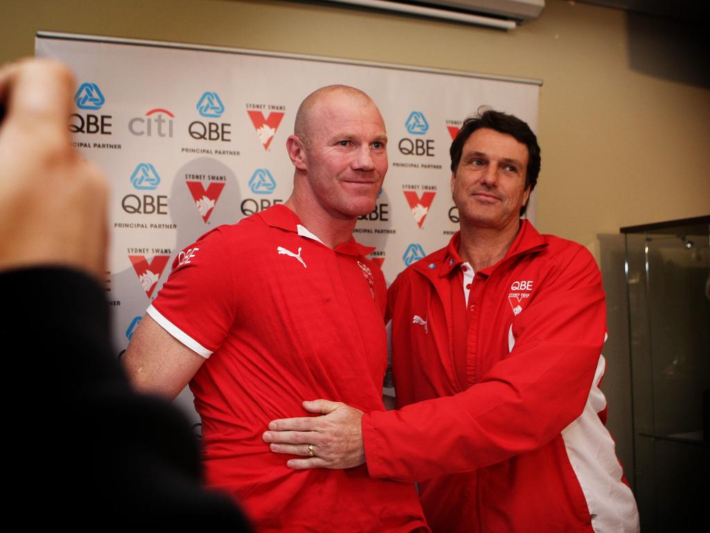 Barry Hall with coach Paul Roos after Hall resigned from the Swans.